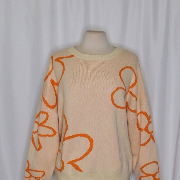 BAILEY ROSE Peach Orange Floral Sweater Pullover Knit Oversized Cropped Large - Picture 4 of 12